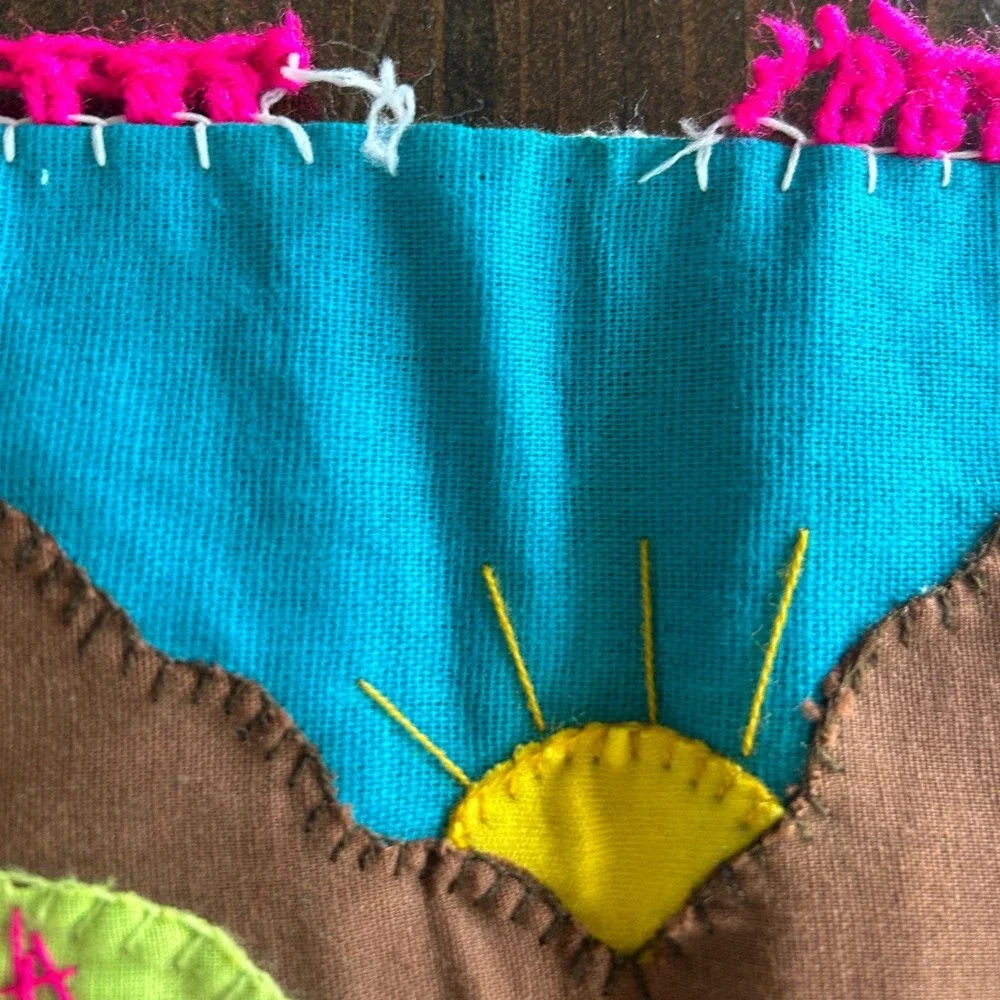 Vintage Handmade Peruvian Arpillera Folk Art Wall Hanging 3D Llama Village Fruit